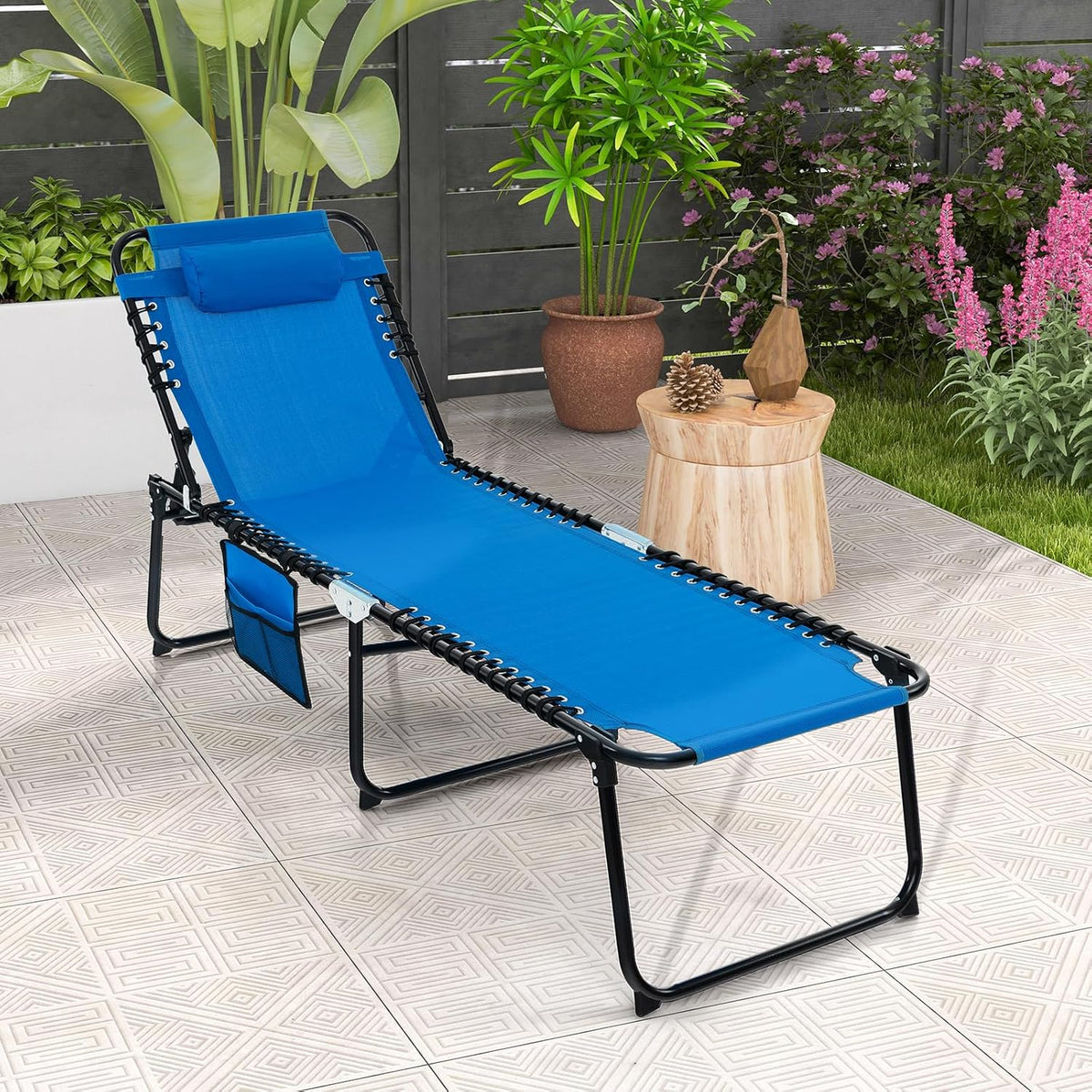 S AFSTAR Outdoor Lounge Chair, Folding Patio Chaise Lounge with 4-Positions Backrest, Side Pocket & 2-Position Footrest, Portable Sunbathing Beach Chair Outside for Beach Patio Deck (1, Navy)