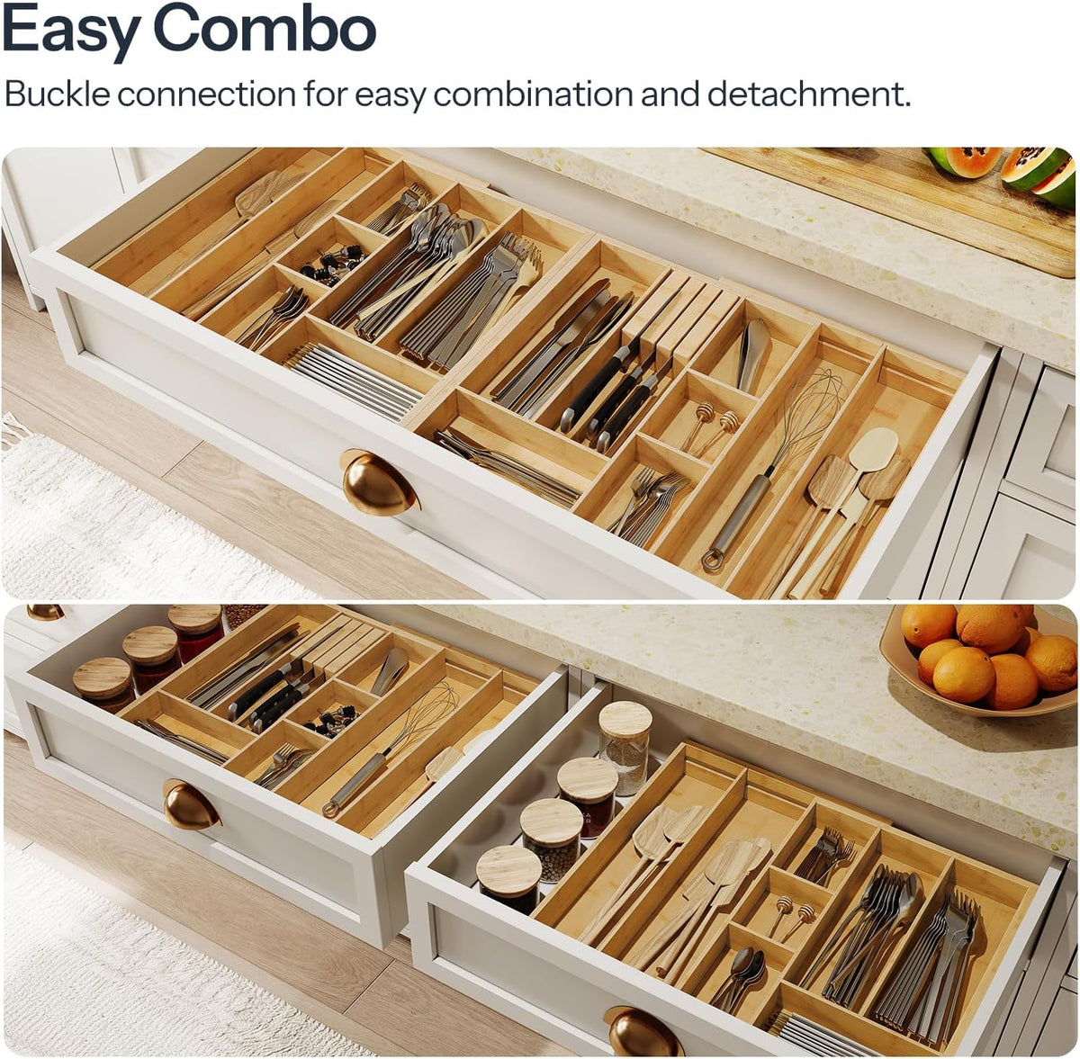 HOOBRO Large Silverware Organizer Kitchen Drawer Organizer, Magnetic Connected Expandable Utensil Organizer From 22.8 to 35.4 Inches, Bamboo 16 Slots Cutlery Tray with Knife Holder, Natural YL07TL01