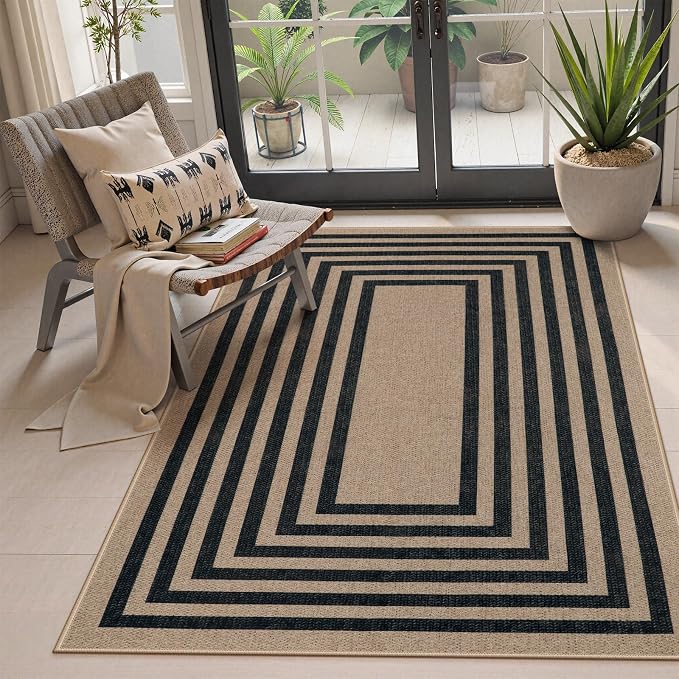 Lahome Enfys Modern Geometric Easy Jute Entryway Rug, 4x6 Black Washable Carpet