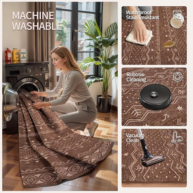 SERISSA 4x6 Area Rugs for Living Room, Washable Non-Slip Coffee Brown Boho Rug