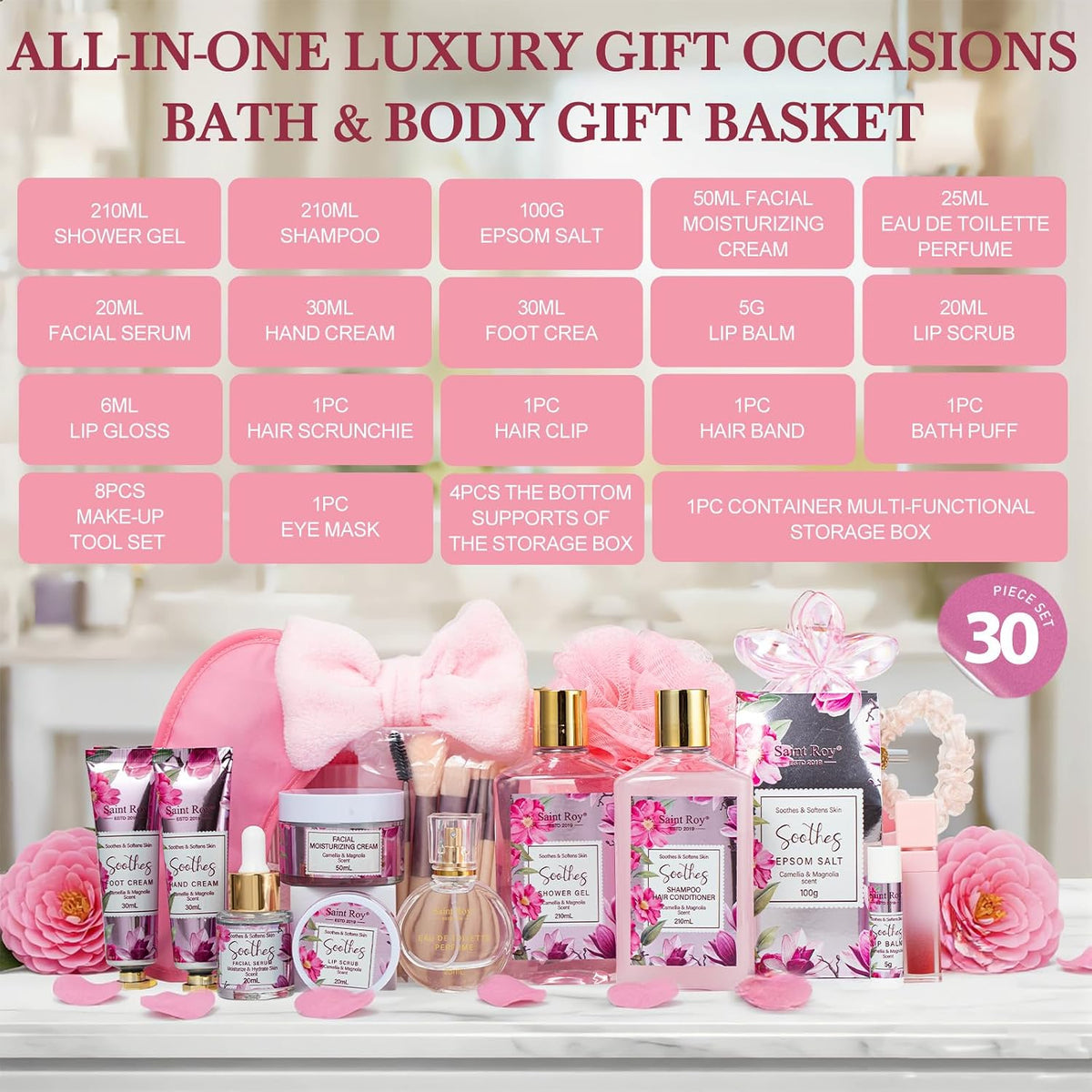 27 Pcs Spa Day Gifts Basket for Women, Camellia Magnolia Bath and Body Gift