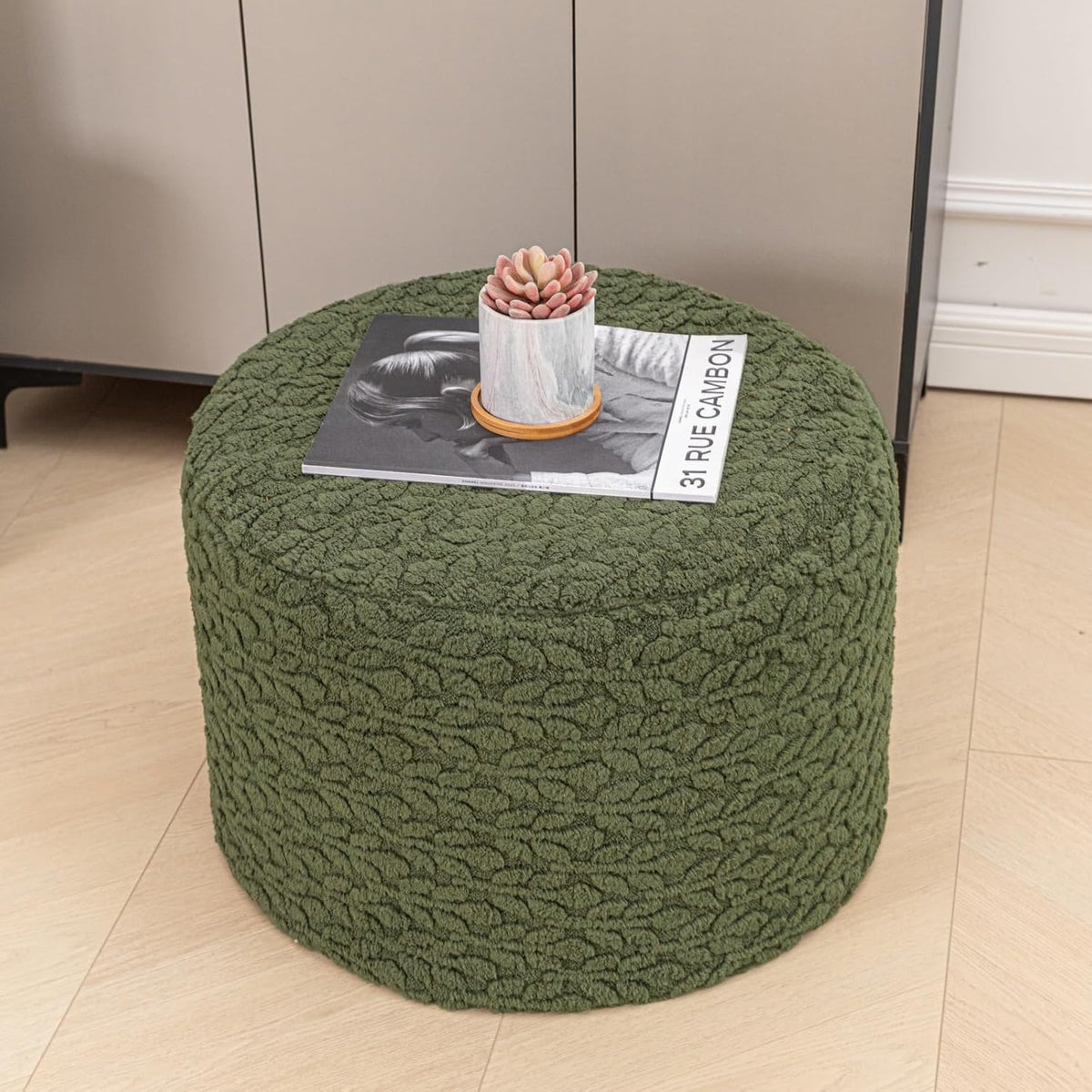 Poofieotto Round Pouf Ottoman, Couch Footrest,Forest Green, 20 x 20 x 14 in