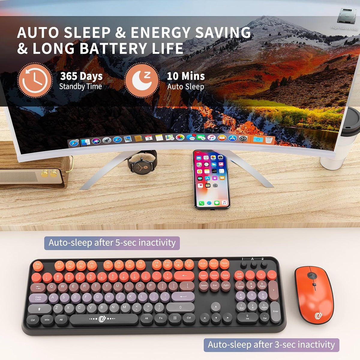 Orange Wireless Keyboard and Mouse Combo,Retro Round Keys, for PC Laptop
