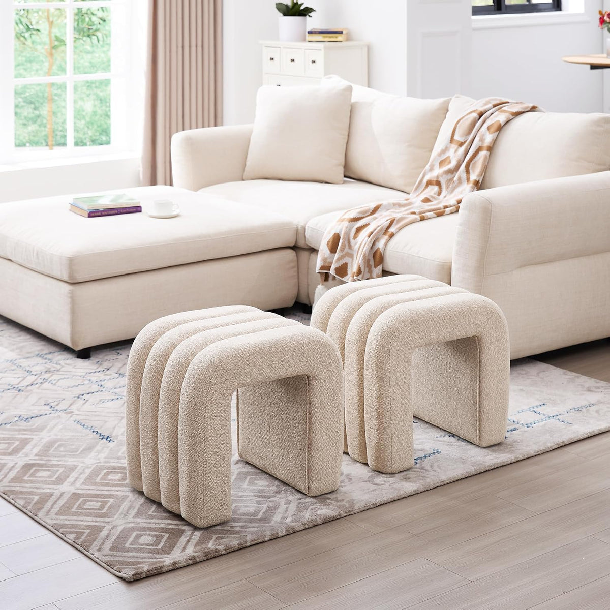 ONEVOG Beige Pouf Ottoman, Foot Rest for Couch 18 inch Cute Vanity Chair for Makeup, Sturdy Frame, Living Room Decor, Upholstered Footrest for Dorm, Bedroom