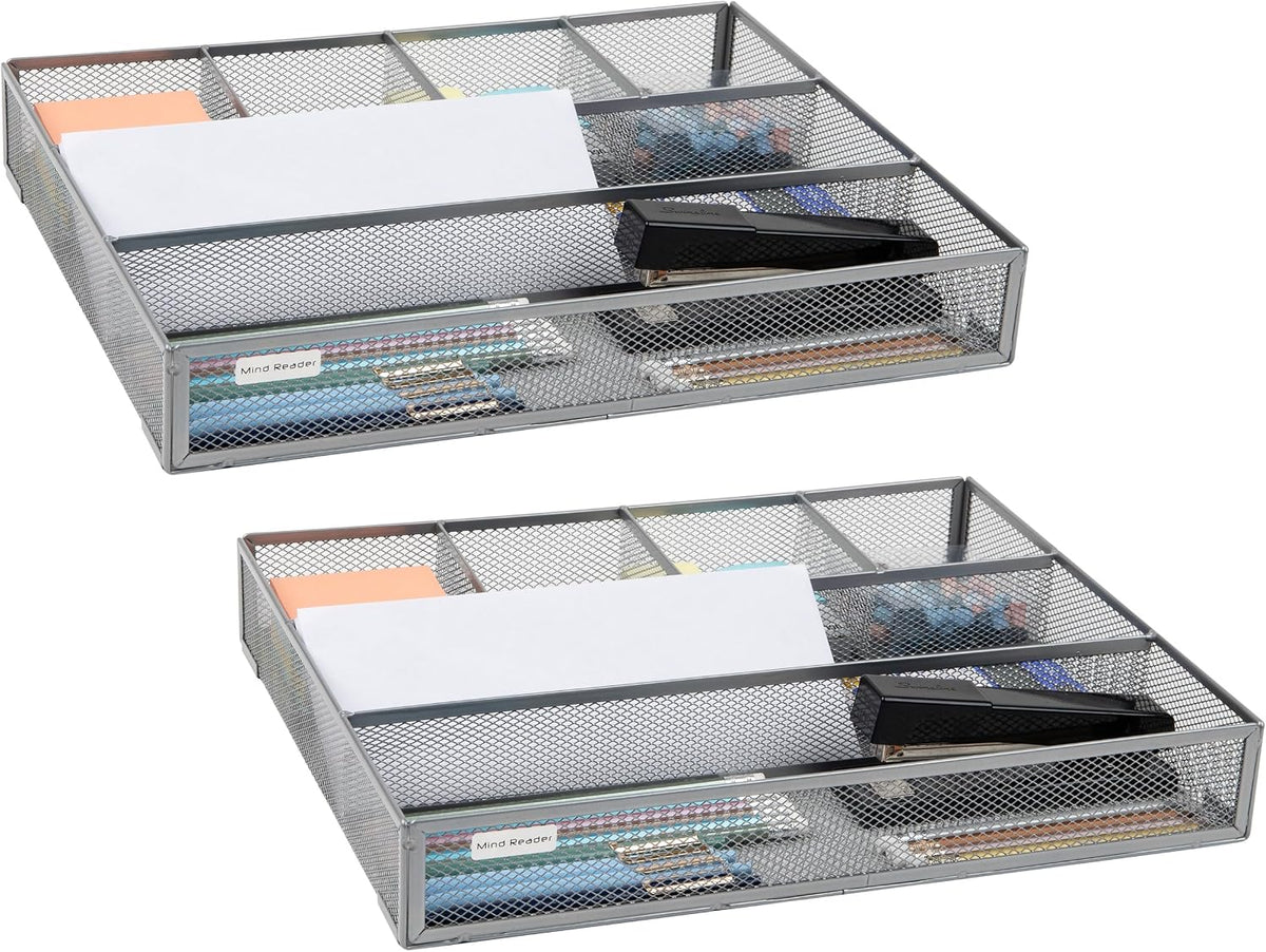 Mind Reader 6-Compartment Drawer Organizer, Metal Mesh Desk Organizer for Office, Kitchen, Utensils, Supplies, Set of 2, Silver