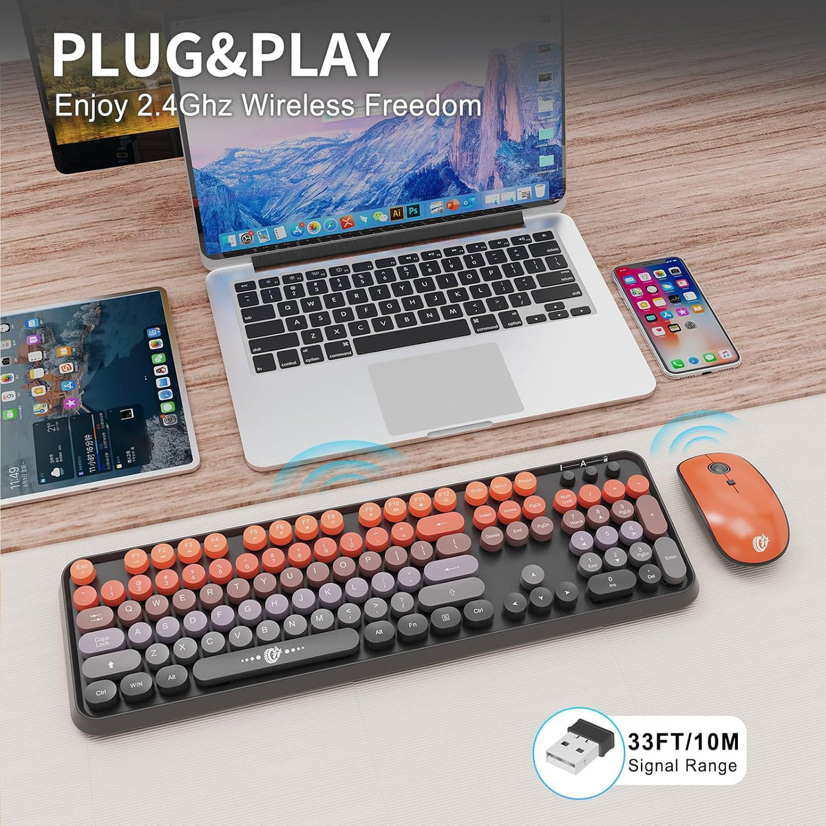 Orange Wireless Keyboard and Mouse Combo,Retro Round Keys, for PC Laptop