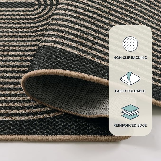 Lahome Enfys Modern Rainbow Easy Jute Outdoor Patio Rug, 3x5 Black Washable Rugs