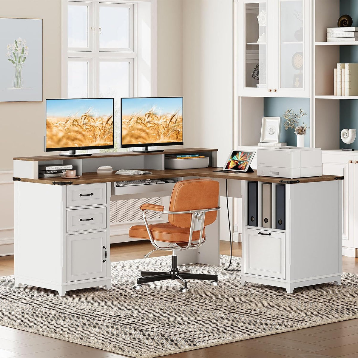 RALGEND 2 Pack Farmhouse 69" L Shaped Office Desk with Drawers