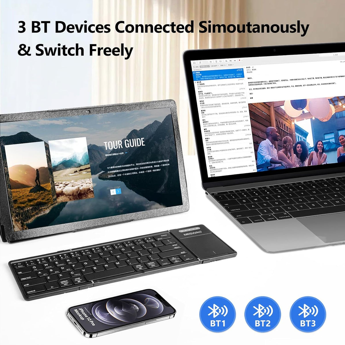 MESWAO Foldable Bluetooth Keyboard with Touchpad, Wireless Folding Keyboards with PU Leather (Sync up to 3 Devices), Full-Size Portable Keyboard for Android/Windows/iOS