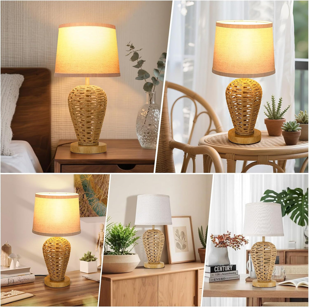 19" Boho Table Lamp with 100% Hand Woven Rattan Body & Wood Grain Finish