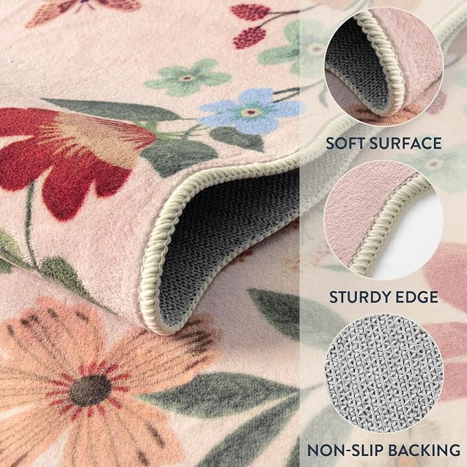 Lahome Floral Kitchen Runner, 2X6 Washable Runner Rug Non-Slip, Ultra-Thin Soft