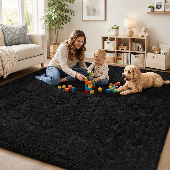 Area Rug for Living Room Bedroom: 9x12 Black Soft Fluffy Shag Upgrade Non-Slip