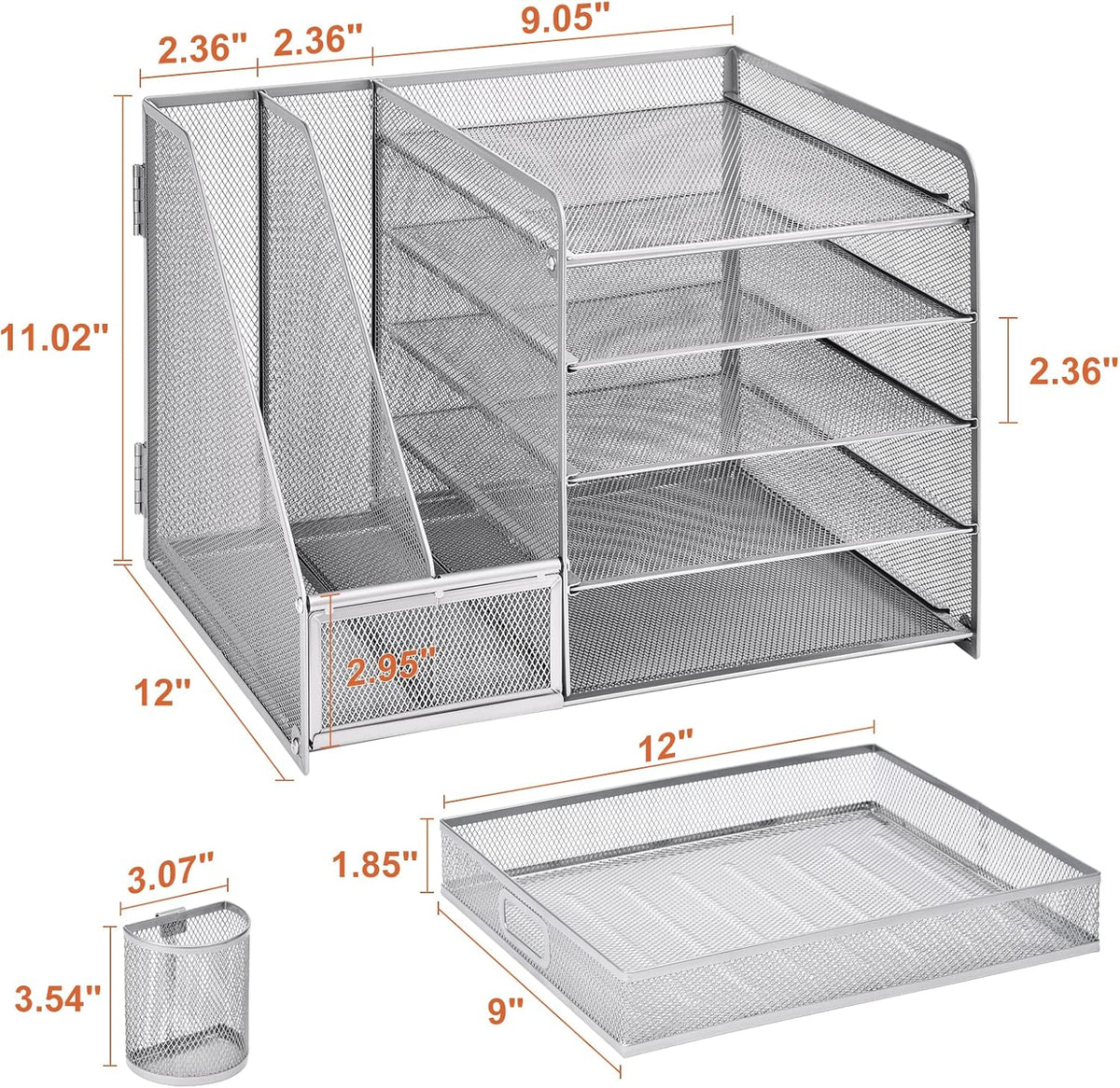 Marbrasse Desk Organizer with File Holder, 5-Tier Paper Letter Tray Organizer with Drawer and 2 Pen Holder, Mesh Desktop Organizer and Storage with Magazine Holder for Office Supplies (Silver)