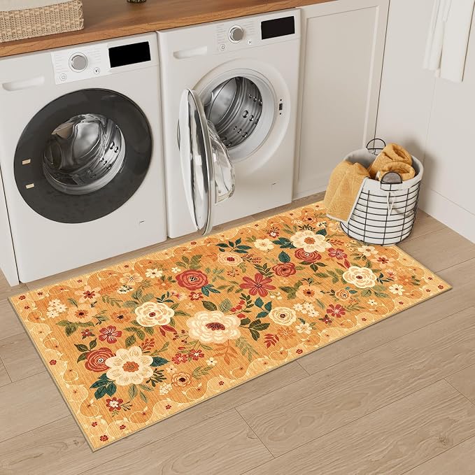 DUKINO 2x4 Rug for Entryway, Washable Kitchen Floral Runner Rug