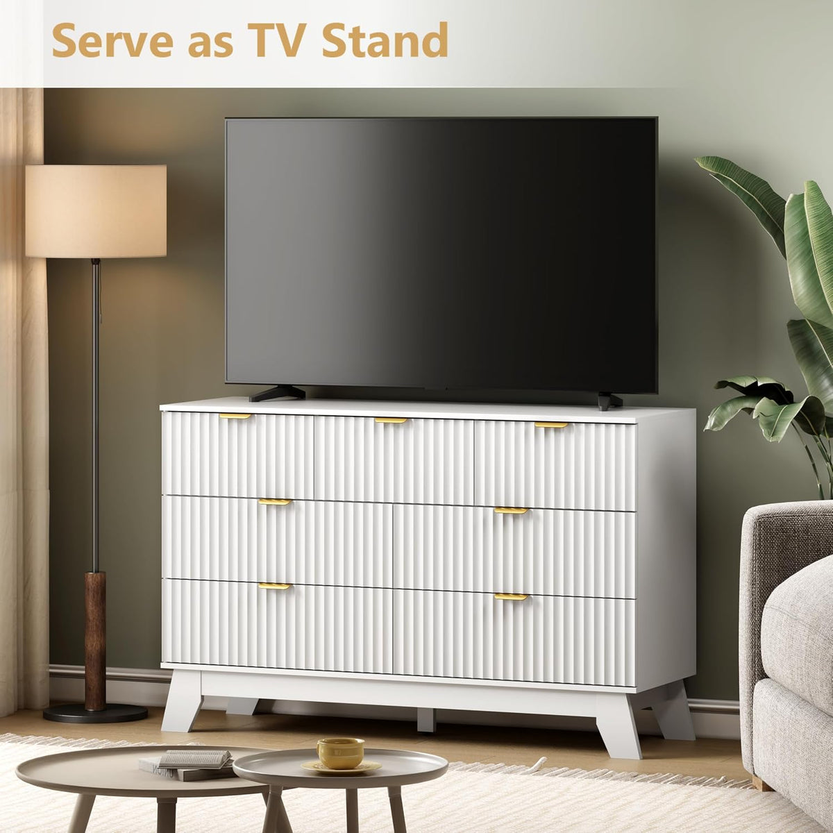 Wodeer 7 Drawer Fluted Dresser for Bedroom, Mid Century Modern Dresser with 7 Drawers, Dressers & Chests of Drawers with Metal Handle, TV Stand & Storage Organizer for Entryway, Hallway, White