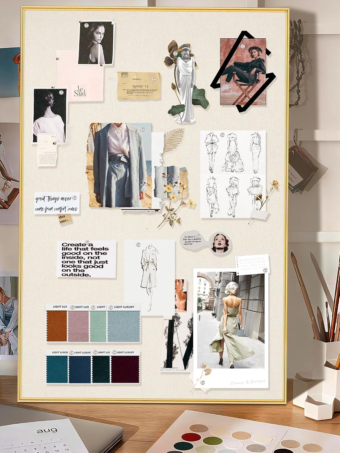 Fabric Bulletin Board 40x30 inches, Golden Aluminum Framed Wall Pin Board