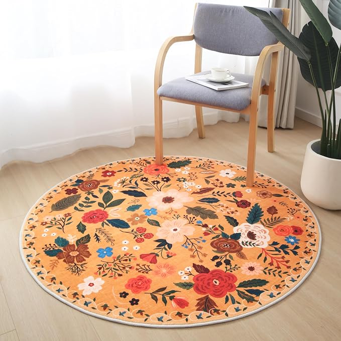 Rugcomf Round Rug 6ft Washable Circle Rug Non Slip Low Pile Boho Floral Small