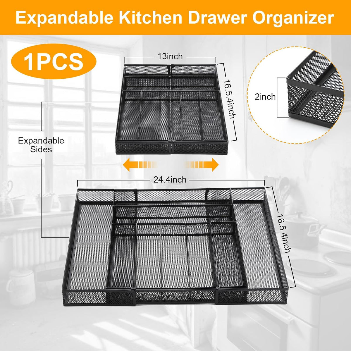 1 Pcs Utensil Drawer Silverware Organizer, Metal Mesh, Black