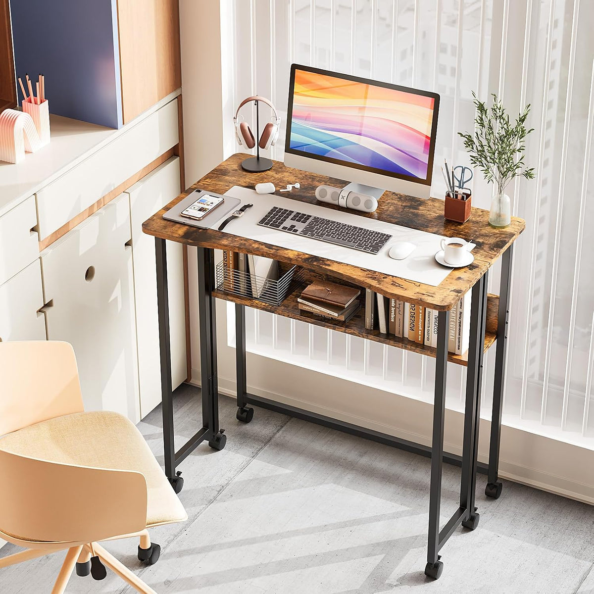 VINGLI 31.5 Inch Folding Computer Table, Small Rolling Desk with Storage Shelf, Space-Saving Sofa Table for Couch, Portable Writing Workstation Office Computer Desk, Brown