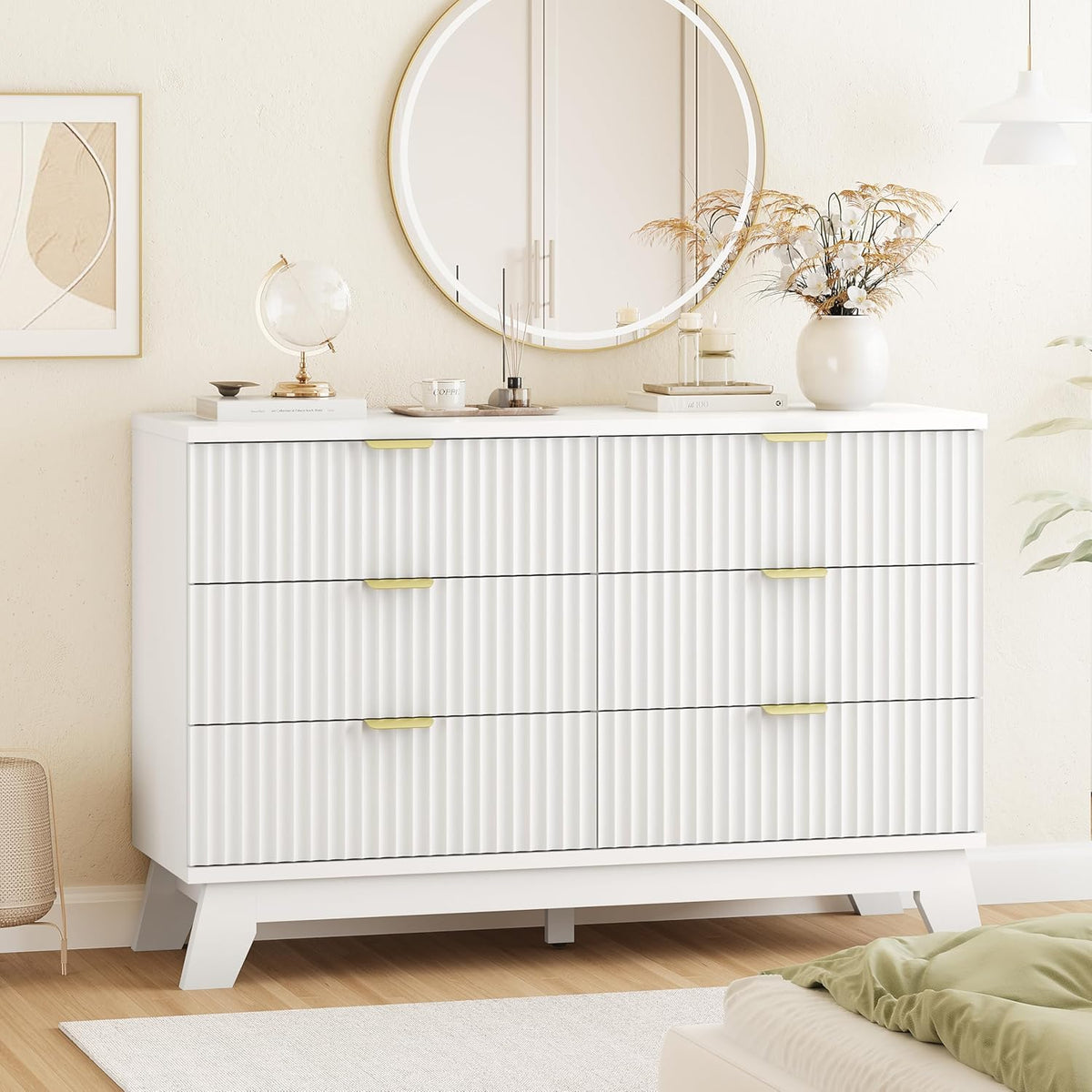 Fluted Dresser for Bedroom with 6 Drawers, 48" Wide Modern Chest of Drawers with Metal Handle, Wooden Dresser TV Stand, Wood Closet Clothes Storage Drawer Organizer for Living Room, Hallway, White