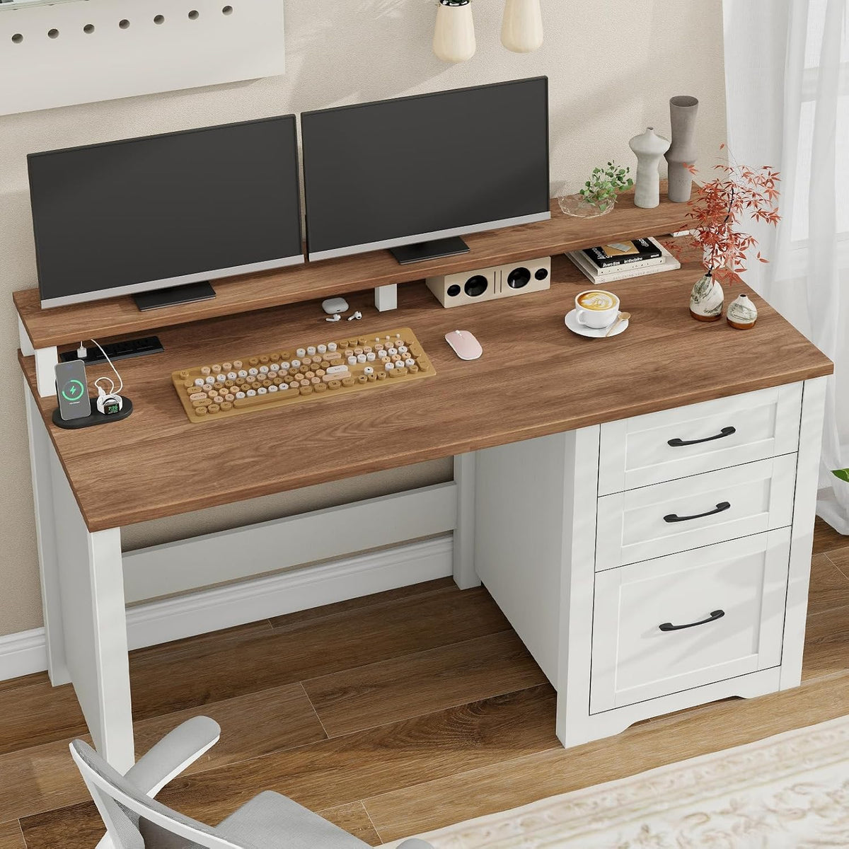 Vabches 47" Farmhouse Executive Desk with 3 Drawers,LED Lights,Unique White