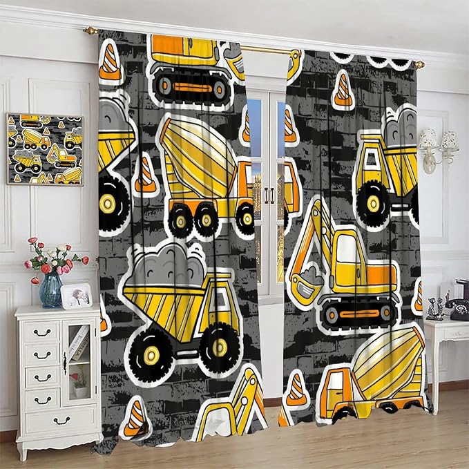 Kids Construction Excavator Window Curtains