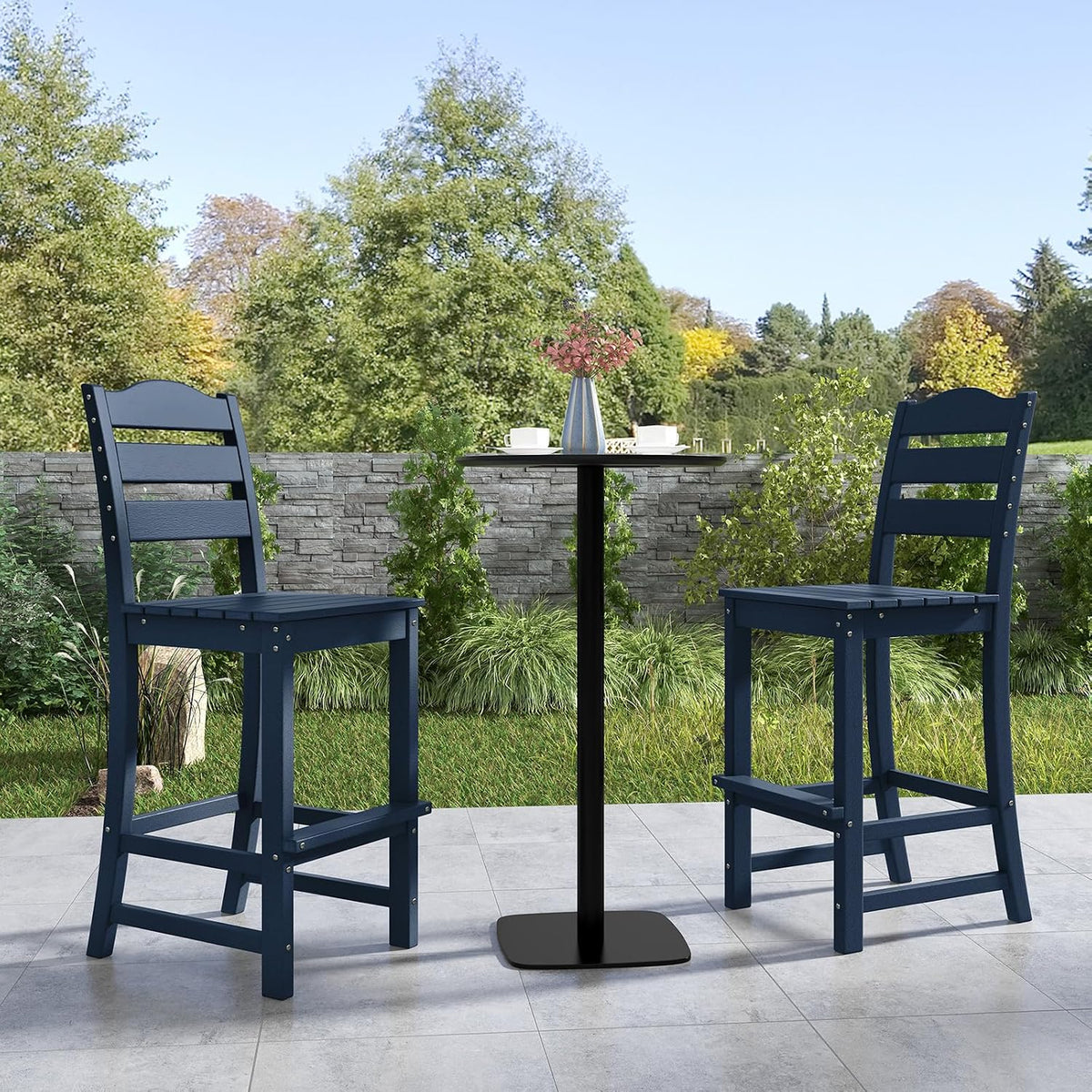 GIANTEX Outdoor HDPE Bar Stool, Patio Tall Bar Chair with Backrest and Footrest, 30 Inches Counter Height Barstools for Garden, Backyard, Weather Resistance, Easy Maintenance (2, Navy)