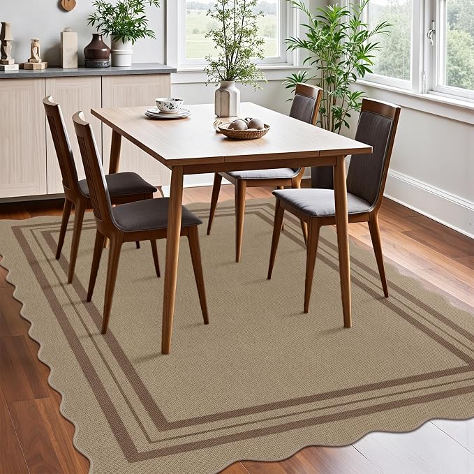 Scalloped 5x7 Rug for Living Room, Easy Jute Washable Outdoor Patio Carpet
