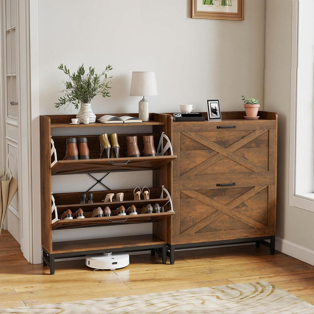 Miereirl Rustic Farmhouse Shoe Cabinet with 2 Flip Drawers, Narrow Entryway Shoe Storage Organizer for 12–16 Pairs, Space-Saving Hallway Shoe Rack with Metal Frame & Top Shelf for Bags & Decor