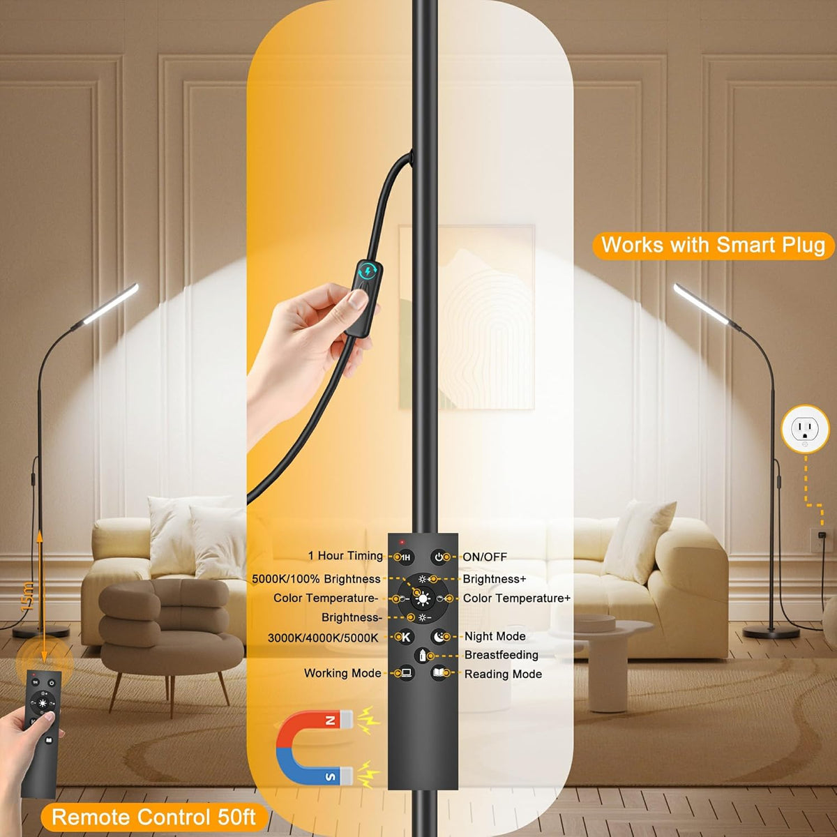 Floor Lamp, 18W 1800LM Super Bright LED Floor Lamps for Living Room with Remote, Stepless Dimming Color Temperature & Brightness, Modern Adjustable Neck Standing Lamp Ideal for Bedroom, Office, Study