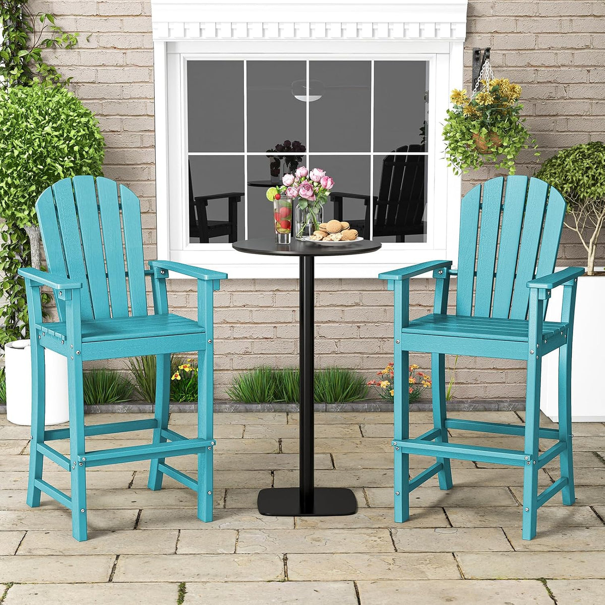 Tangkula Outdoor Tall Adirondack Chair 30 Inches Seat Height, HDPE Bar Height Patio Chair with High Backrest, Armrests and Footrest, Outdoor Bar Stool for Balcony Deck Garden Poolside (1, Turquoise)