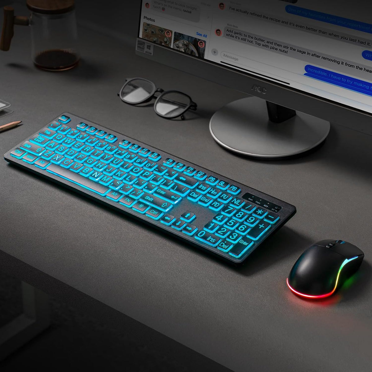 Light Up Keyboard and Mouse Wireless, Adjustable Brightness & Color, Rechargeable, Light Up Letters，2.4G USB Full Size Backlit Keyboard Mouse for Windows, PC, Laptop, Desktop, Gaming (Large Print)
