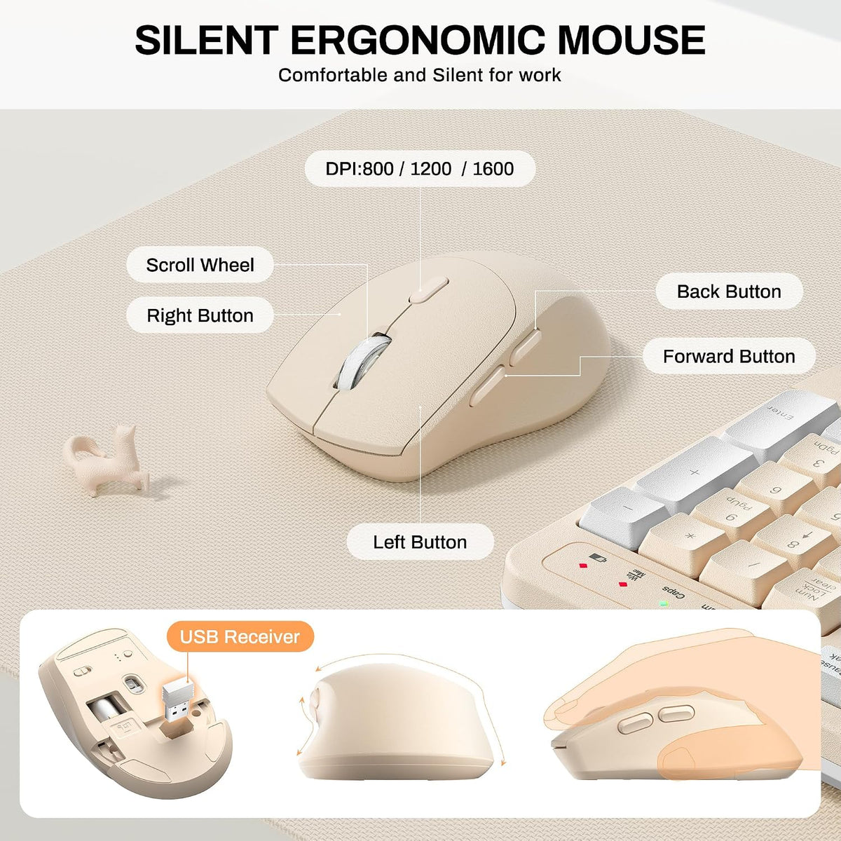 Wireless Keyboard and Mouse Combo,2.4G Ergonomic Wave Keys(Latte Color-A)