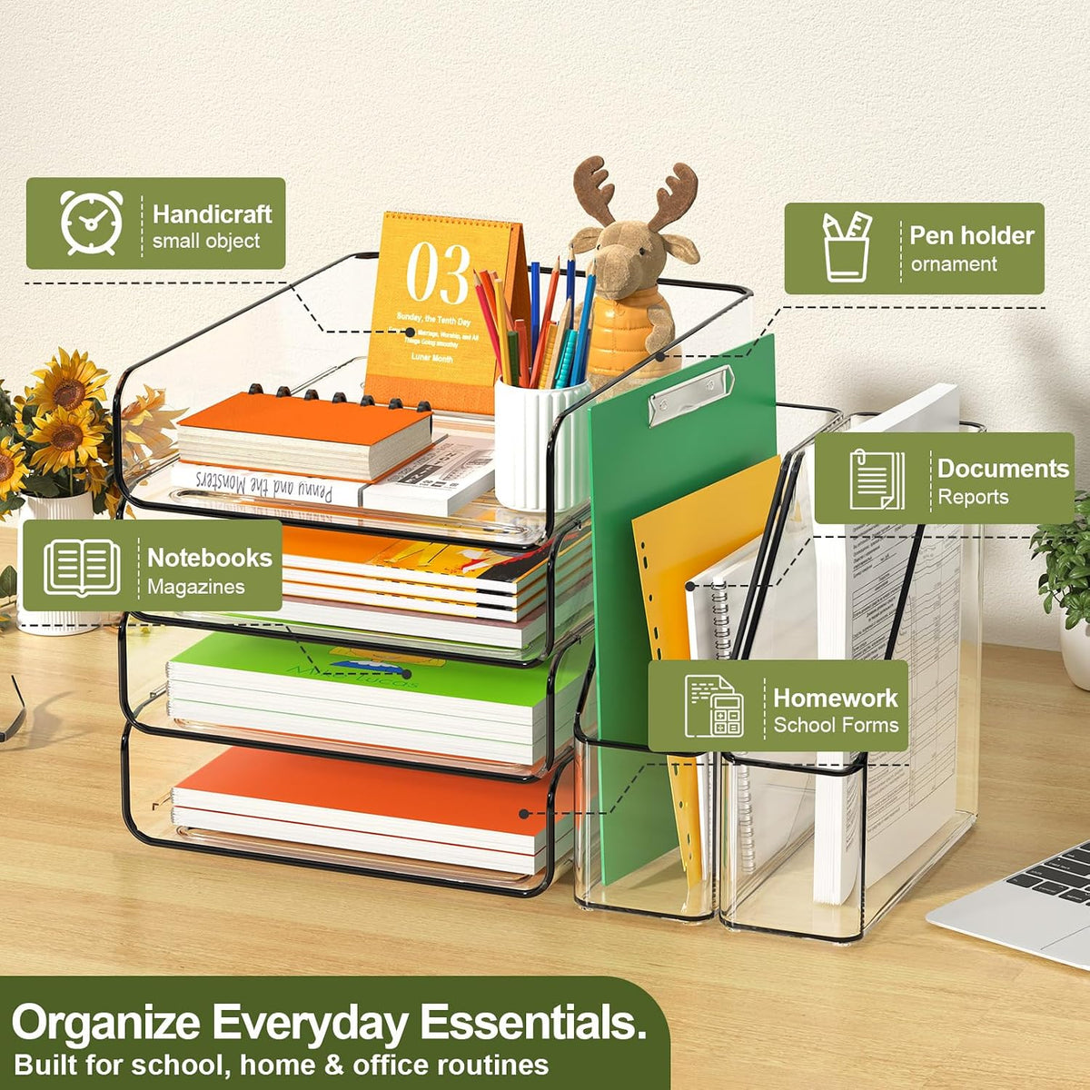 FANXIYQ 4-Tier Acrylic Paper Tray Organizer with Bookends, Paper Organizer