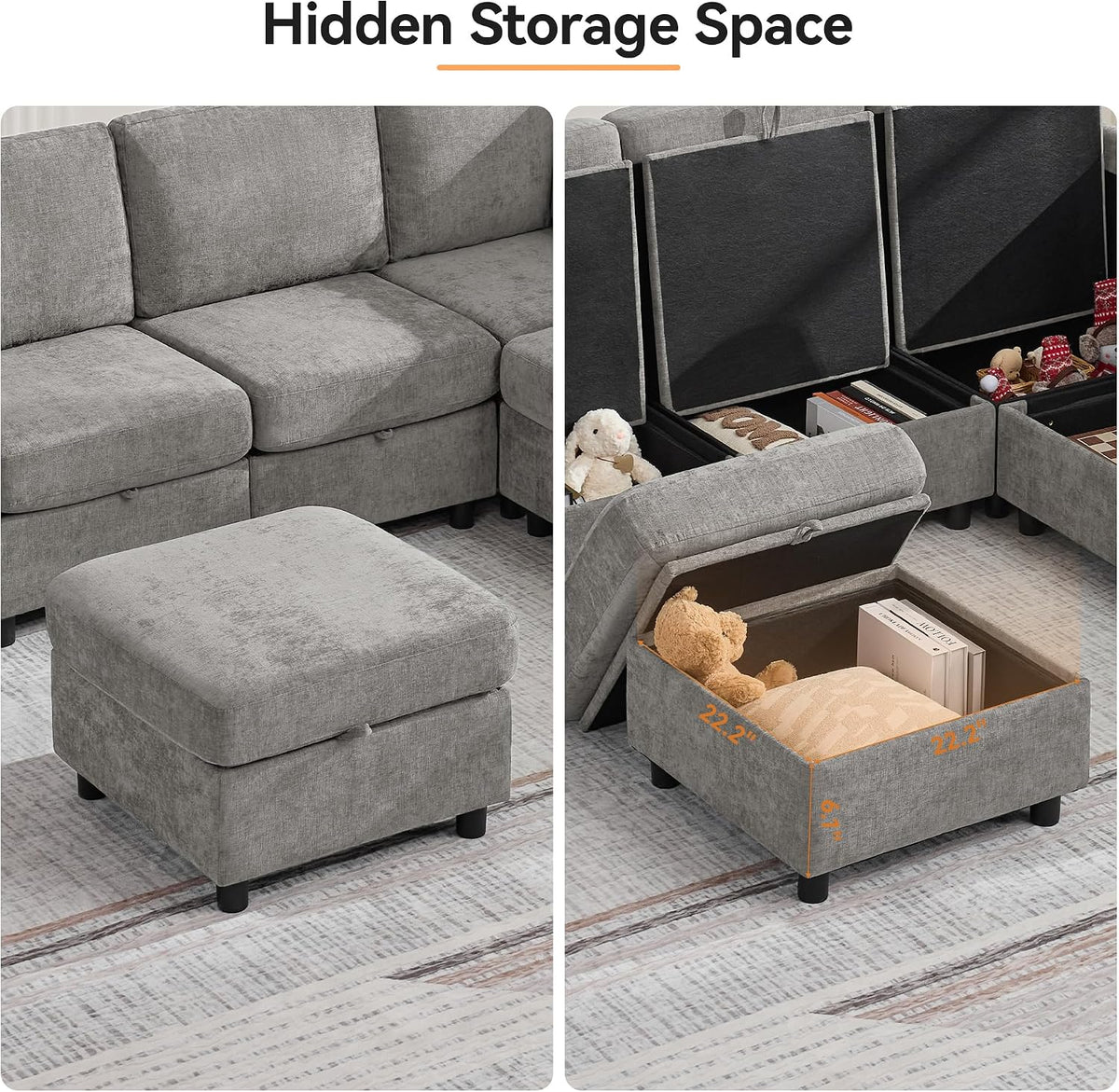 WUTUTUEE 25”Square Storage Ottoman Module for Modular Sectional Sofa, Living Room Coffee Table Sectional Ottoman Footrest for Convertible Couch, Chenille Light Grey