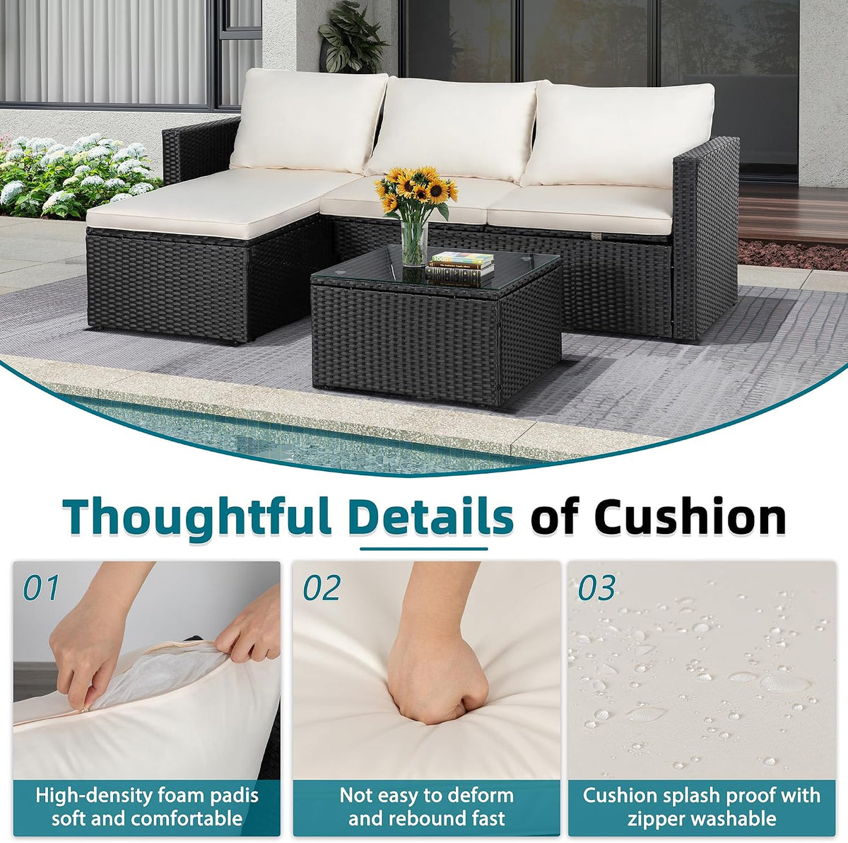 SUNLEI Patio Furniture Set with Detachable Soft Cushions, Outdoor PE Rattan Patio Conversation Sofa Set, 3-Piece Patio Sectional Sofa with Glass Coffee Table (Black Rattan&White)