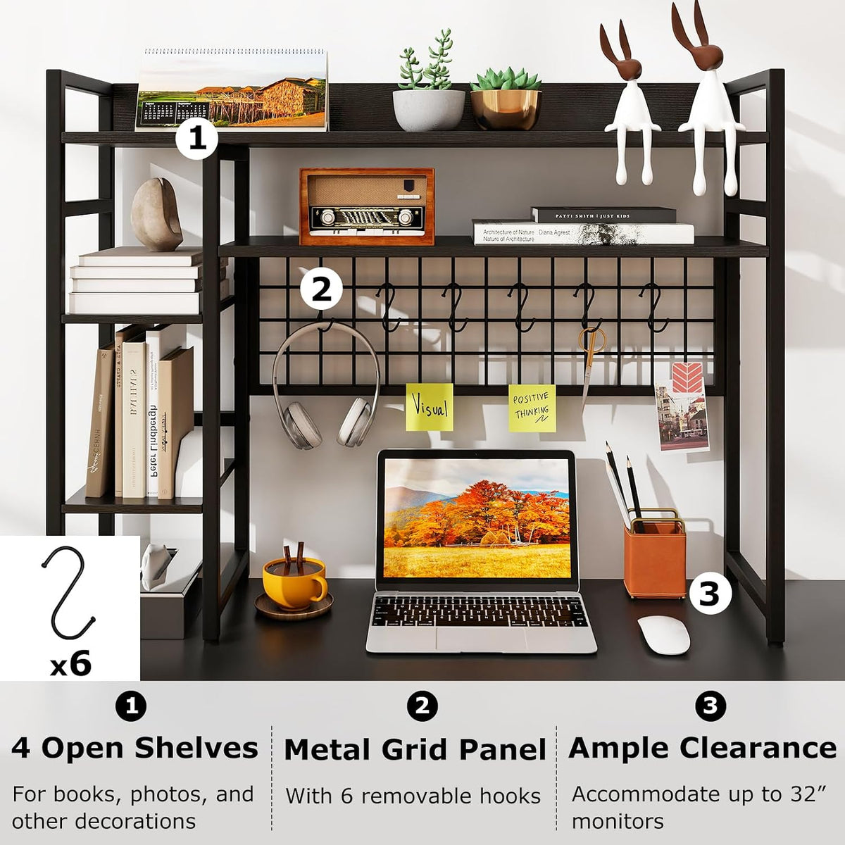 GOFLAME Desktop Bookshelf, 37 Inch Desk Shelf for Computer Monitor, 4-Tier Desk Hutch with Grid Panel 6 Hooks Set, Industrial Countertop Storage Organizer Shelf for Home Office, Dorm (Black)