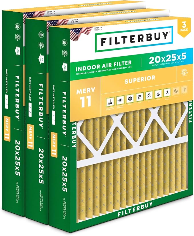 Filterbuy 20x25x5 Air Filter MERV 11 Superior Pet & Allergy Defense, Pleated