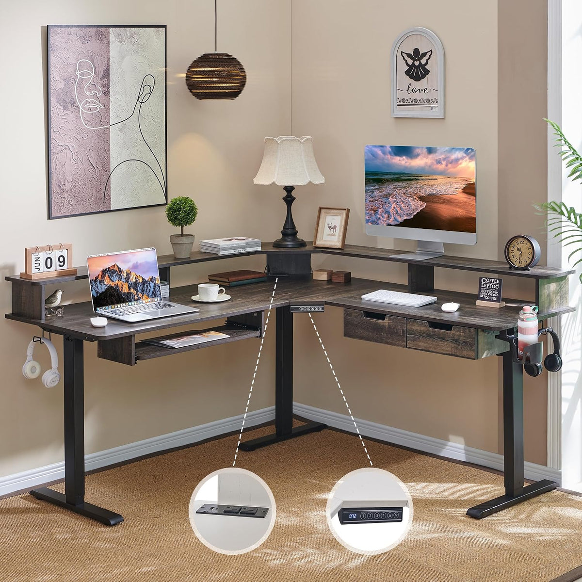 RedLemon 60 Inches L Shaped Electric Standing Desk, Dark Rustic Oak