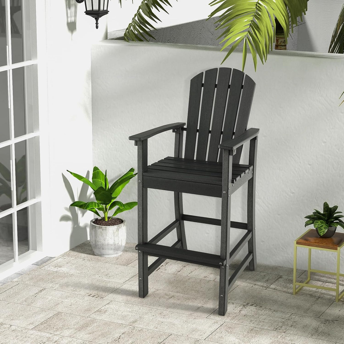 GIANTEX Outdoor HDPE Bar Stool, Tall Adirondack Chair with Armrests and Footrest, 30 Inches Counter Height Bar Stool for Garden, Backyard, Weather Resistance, Easy Maintenance (1, Black)