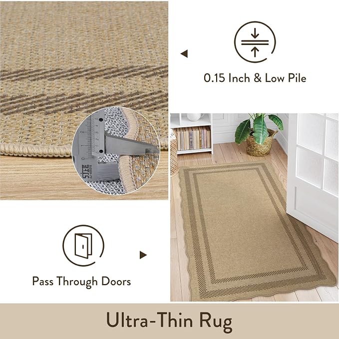 LIVEBOX Scalloped Washable 2x6 Kitchen Runner Rug, Easy Jute Geometric Tan Rugs