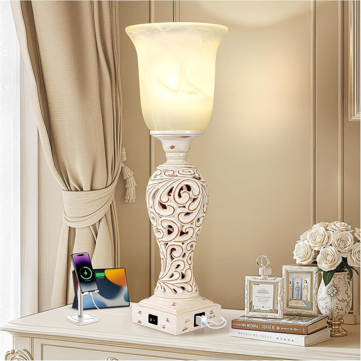 20" Bedside Lamp for Bedroom, 3-Way Dimmable Bulb Include, Washed White