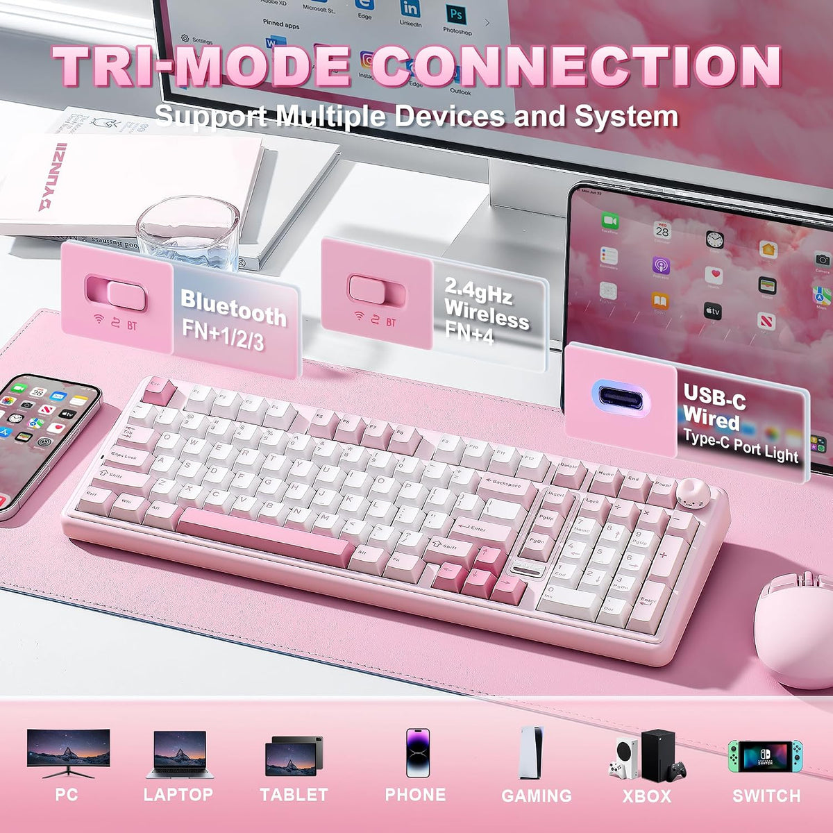 YUNZII B98 PRO 96% Wireless Mechanical Keyboard(Pink, Candy Switch)