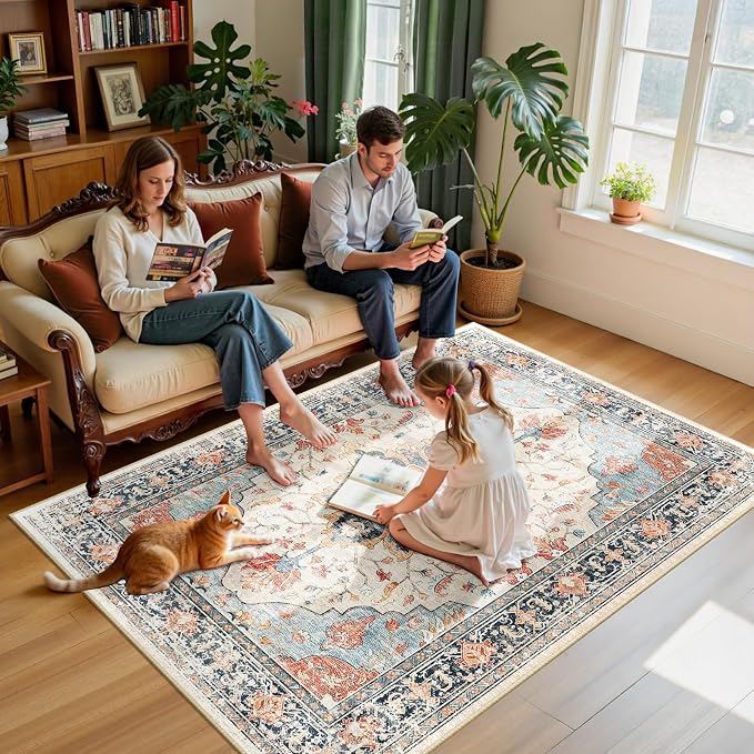 RELEANY Area Rugs 5'x7' Washable Non-Slip, Floral Vintage Distress Medallion