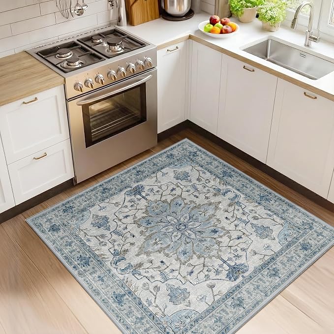 RELEANY Area Rugs Square 4ft Washable Non-Slip, Floral Vintage Distress