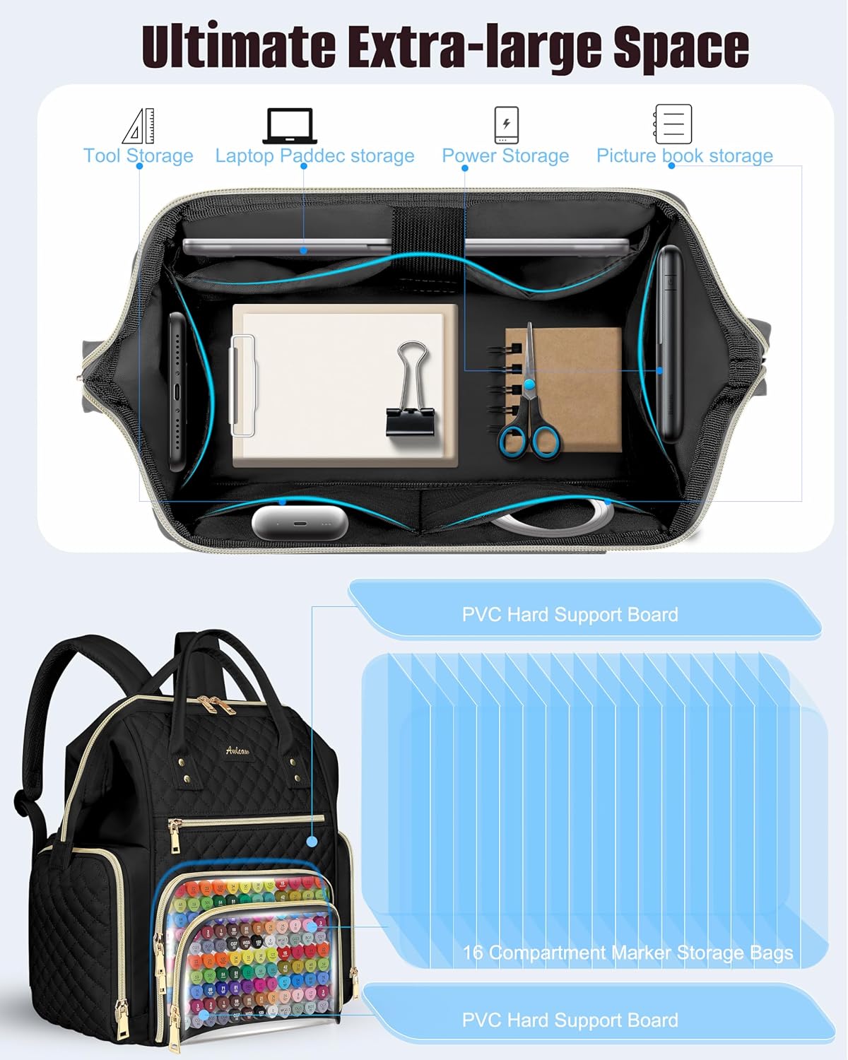 Marker Organizer Case Bag, Large Markers Storage Backpack with USB Port for Artists, Illustrators, Creatives, Pen Travel Holder Case Bag for Art Creativity Craft Supply, Black