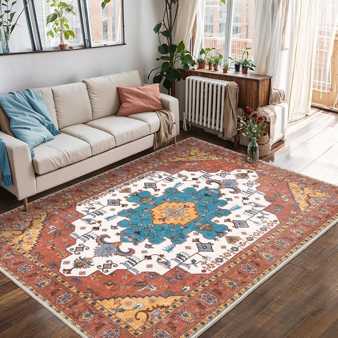 SERISSA Boho Area Rug 5x7 Orange, Washable Large Rugs