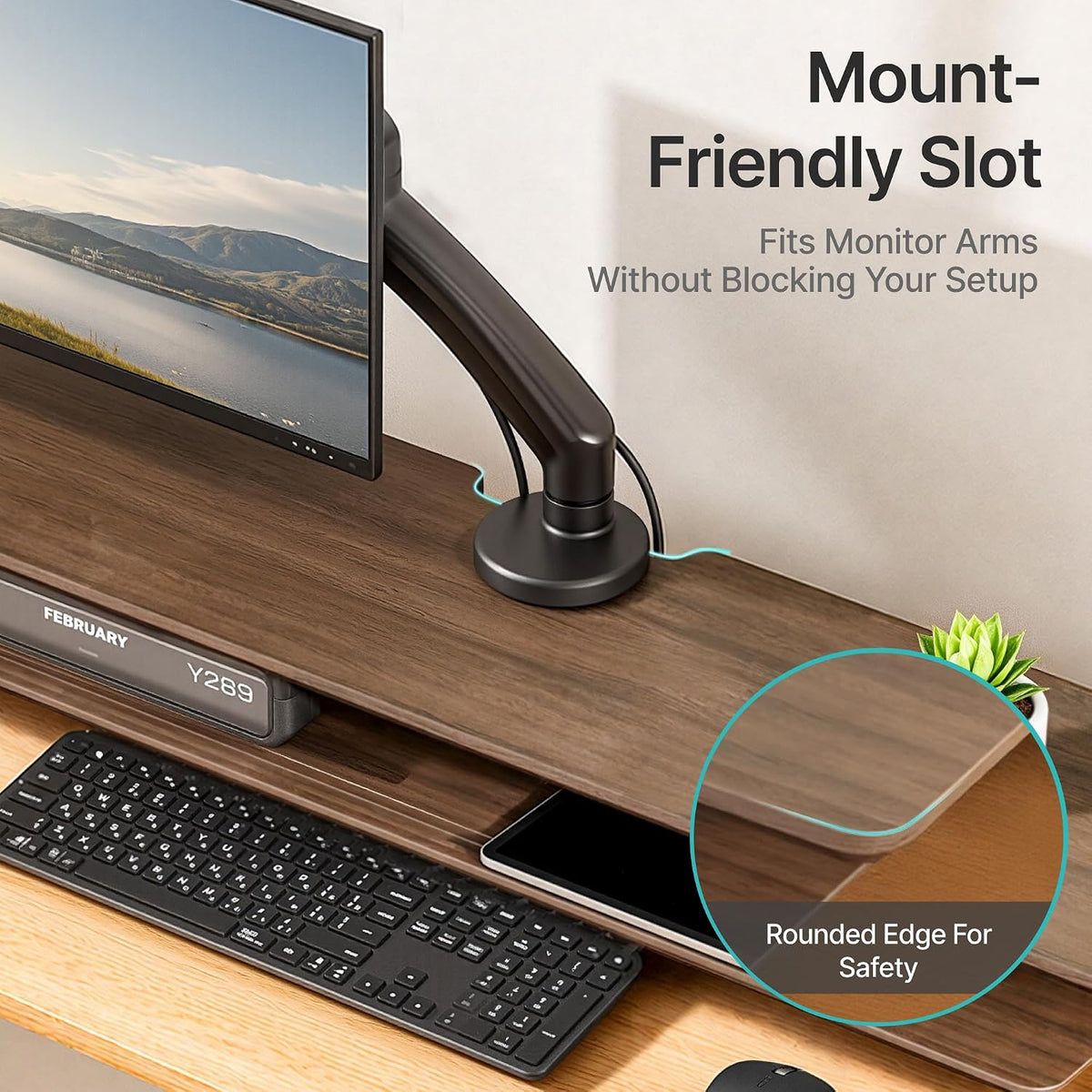 Dual Clamp-On Wooden Monitor Stand, 41.7" 2-Tier Desk Riser Organizer
