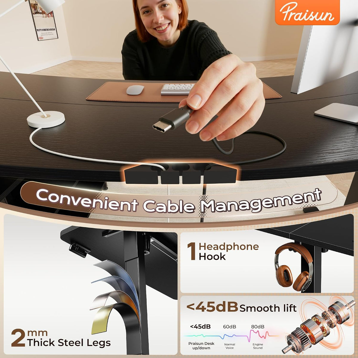 PRAISUN 55.1'' L Standing Desk with Outlets, Cabinet with Shelves, Drawers