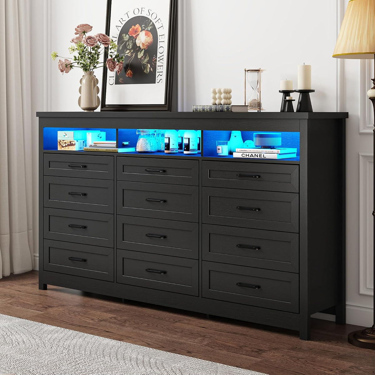 Hlivelood Farmhouse 12 Drawer Dresser with LED Lights, 71" Wide Large Chest of Drawers for Bedroom, Modern Wood Dresser Storage Organizer with Charging Station for Living Room, Bedroom, Hallway, Black